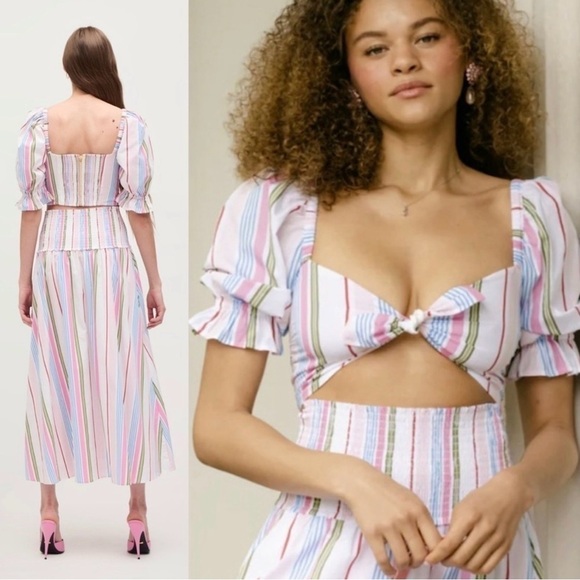 NWT HILL HOUSE | The Isabella Top Rainbow Stripe Puff Sleeve Tie Front Top Sz M - Picture 2 of 4